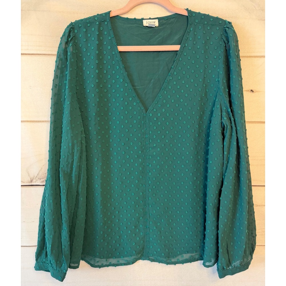 J.Crew Emerald Green Clip Dot V-Neck Long Sleeve Blouse XL